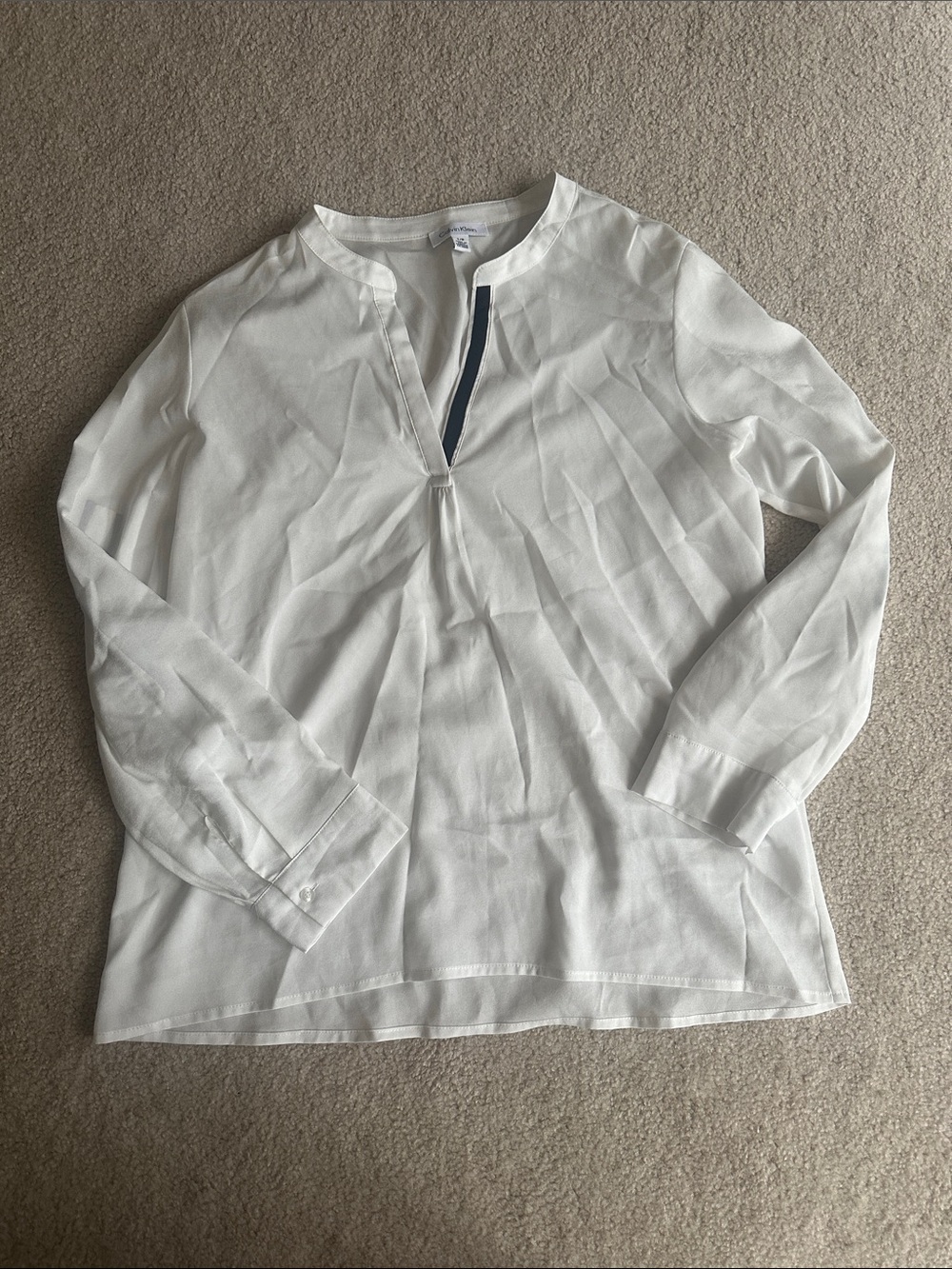 Sheer White Long-Sleeve Henley Shirt/ Blouse